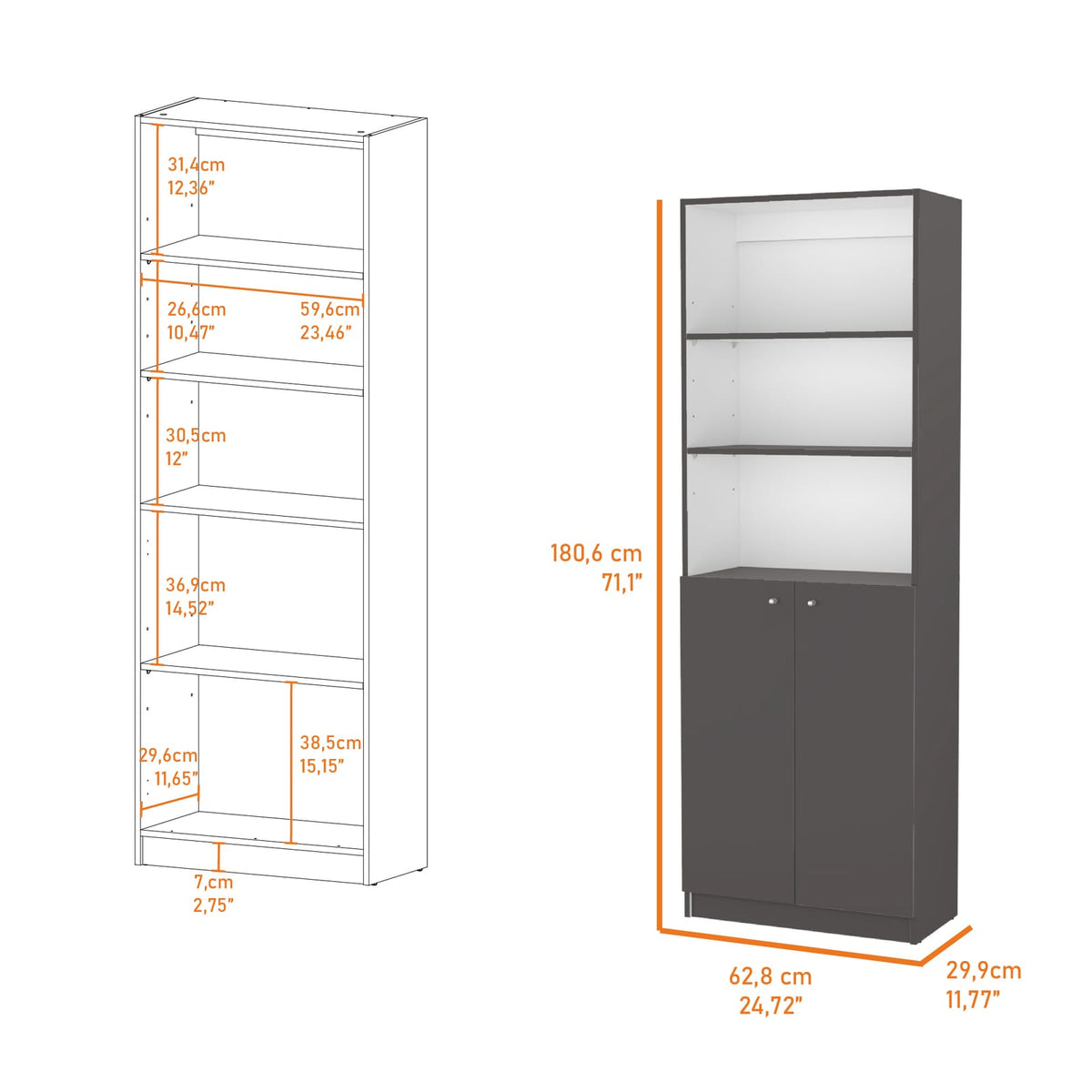 Sutton 2-Door Bookcase - Storage & Multi-Level Shelves