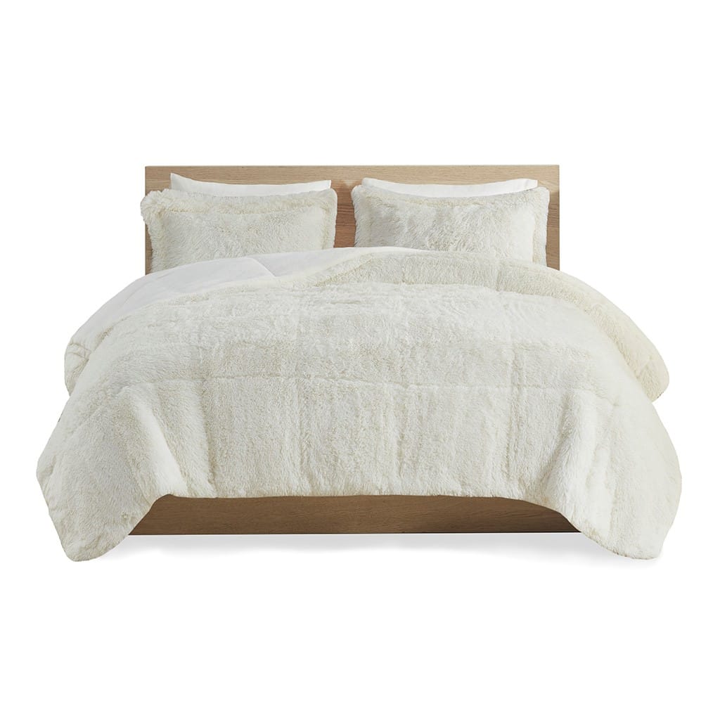 King Size Ivory Polyester Shaggy Comforter Set