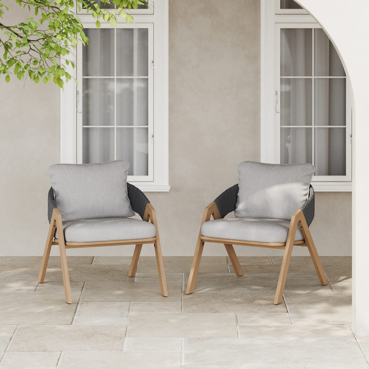 Grey & Teak Patio Chairs Set of 2 - Weather-Resistant Rattan