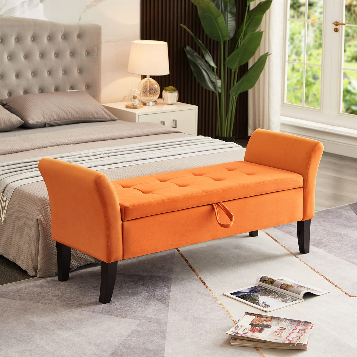 51.5" Orange Velvet Bed Bench with Storage for Bedroom