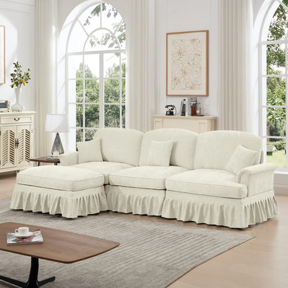 3 Seat Beige White Chenille Sectional Sofa with Removable Ruffles for Living Room