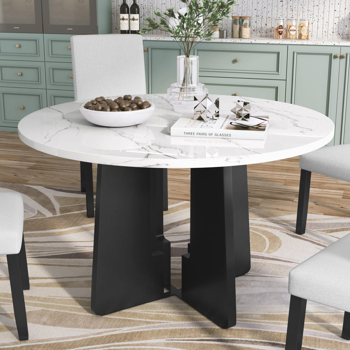 Round Dining Table, 43-Inch MDF, White/Black Modern Farmhouse Style