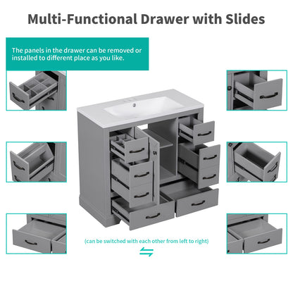 Grey Solid Wood Bathroom Vanity Cabinet Base with Six Drawers