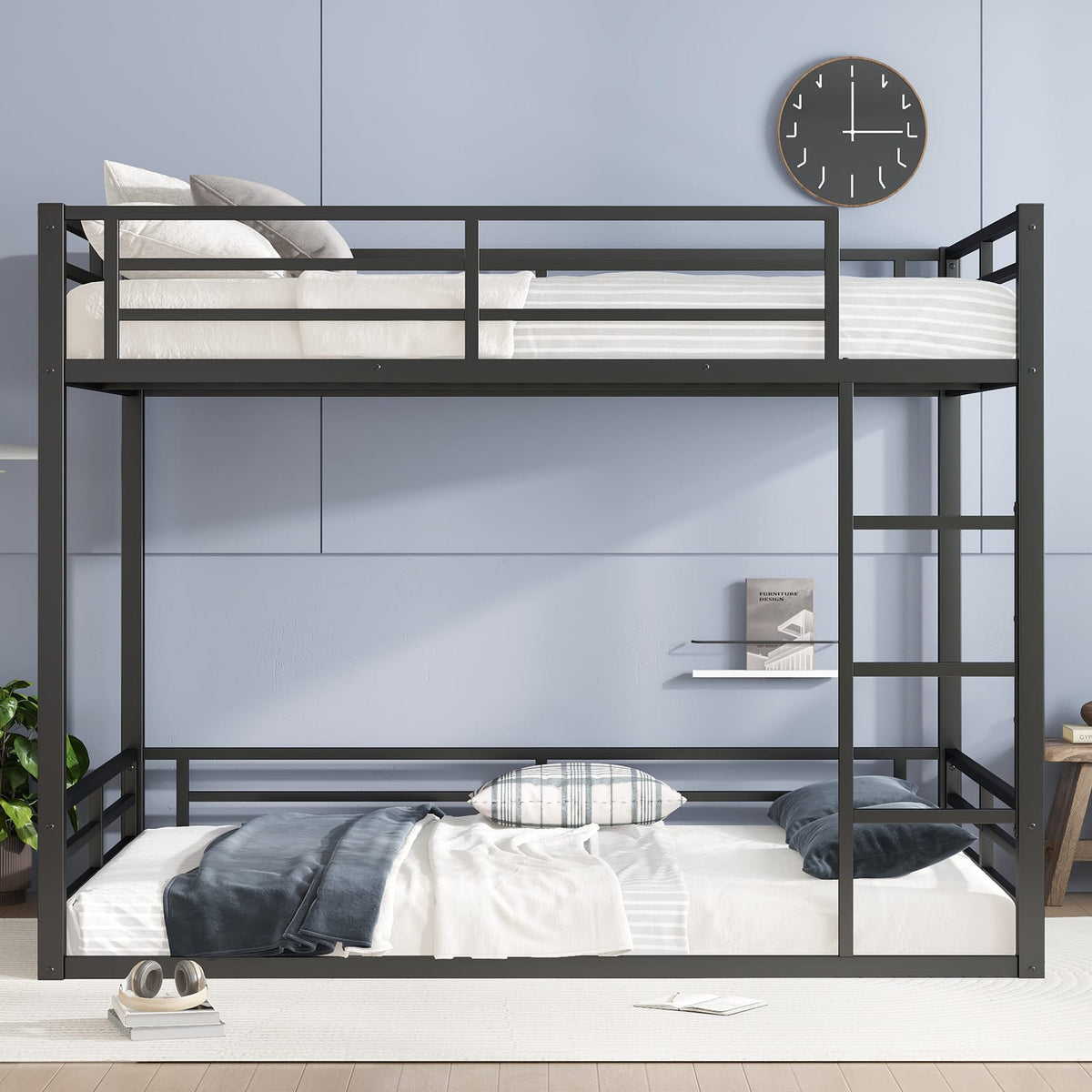 Queen Size Metal Bunk Bed - Black Frame for Bedroom