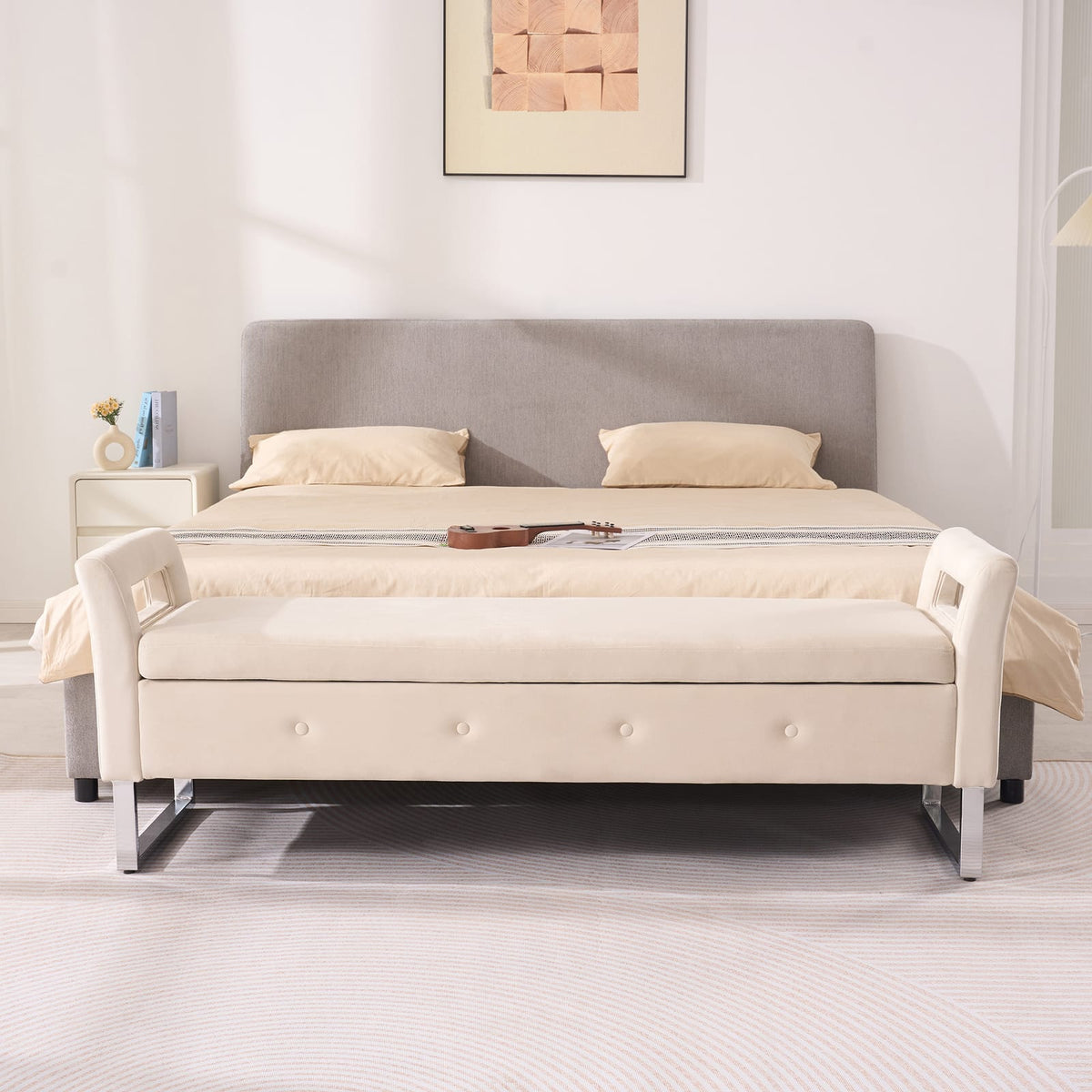 Beige Velvet Storage Bench - Bedroom Footstool