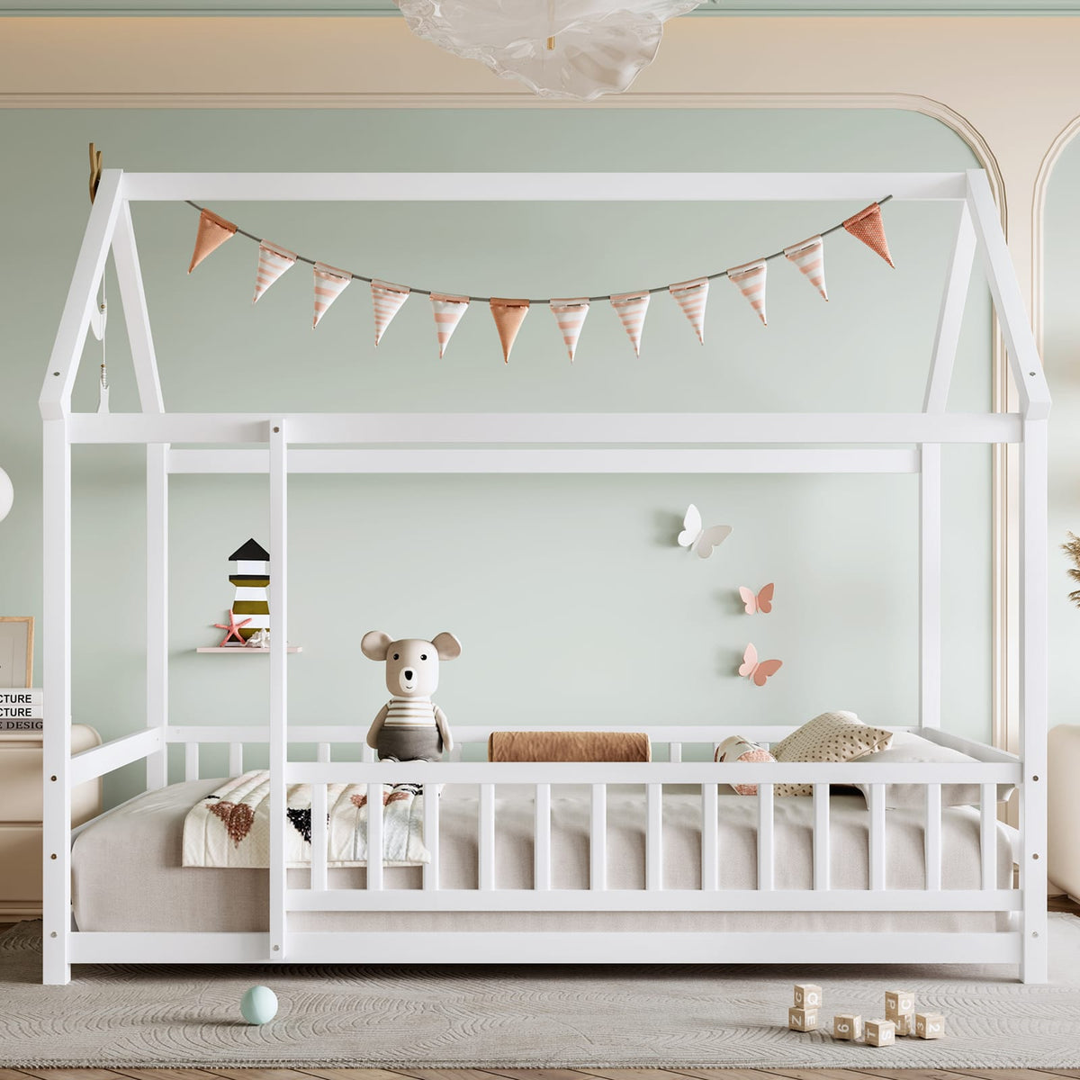 Twin Size Wooden Bed with House Roof Frame, White for Bedroom
