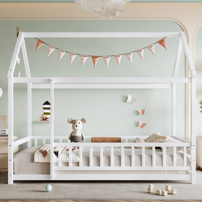 Twin Size Wooden Bed with House Roof Frame, White for Bedroom