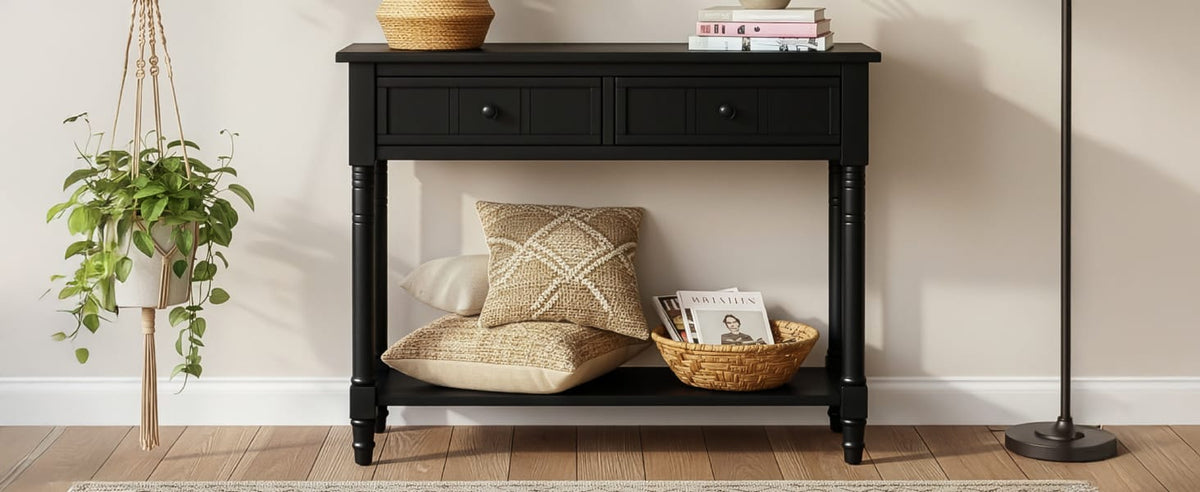 Black Solid Wood Console Table - 35.5" Entryway Table