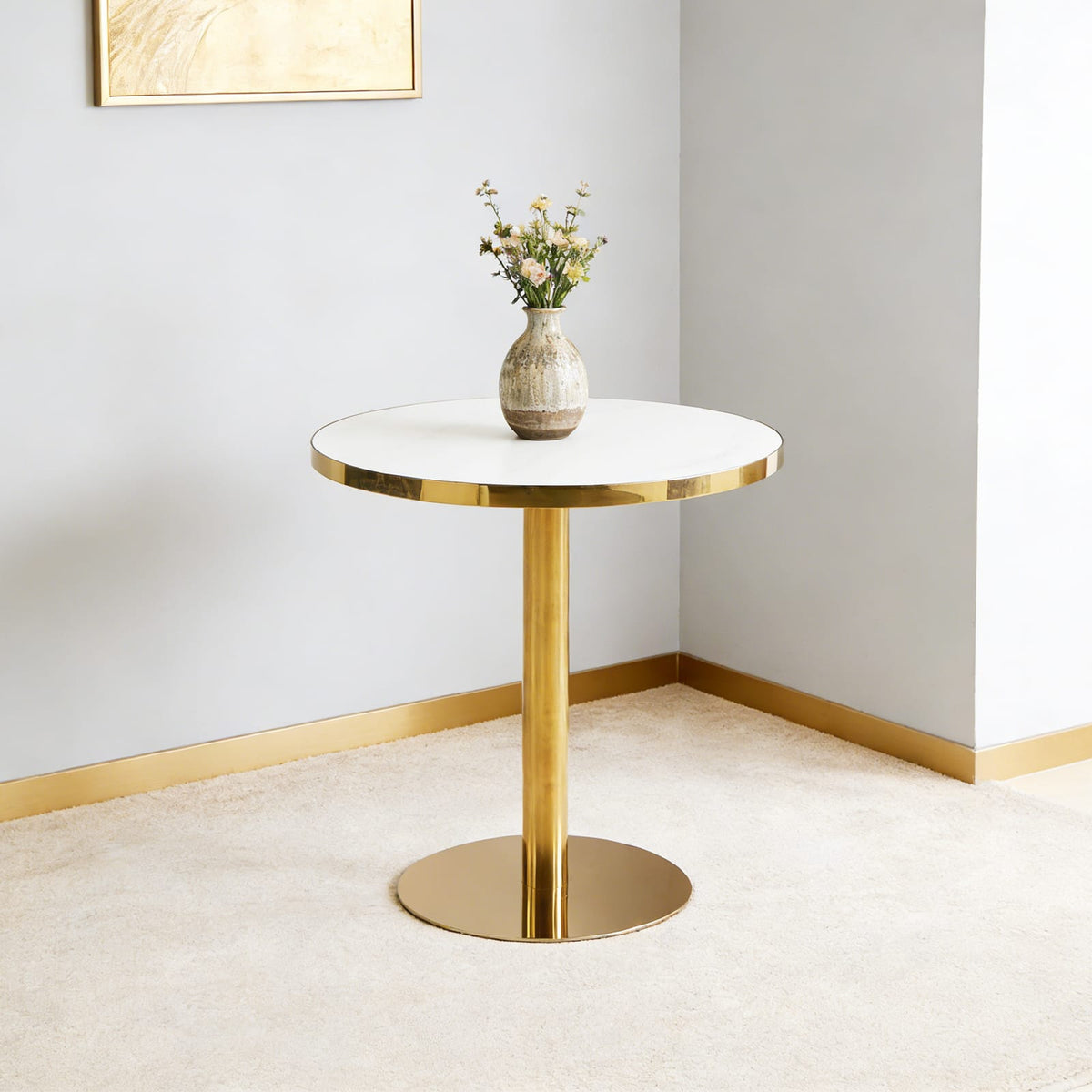 Golden White Pedestal Table - Modern Coffee Table 31.5 Inch