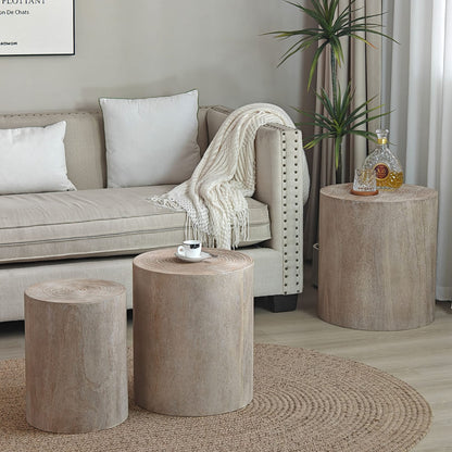 Round Wood Coffee Table Set - 3 Rustic Accent Tables for Living Room