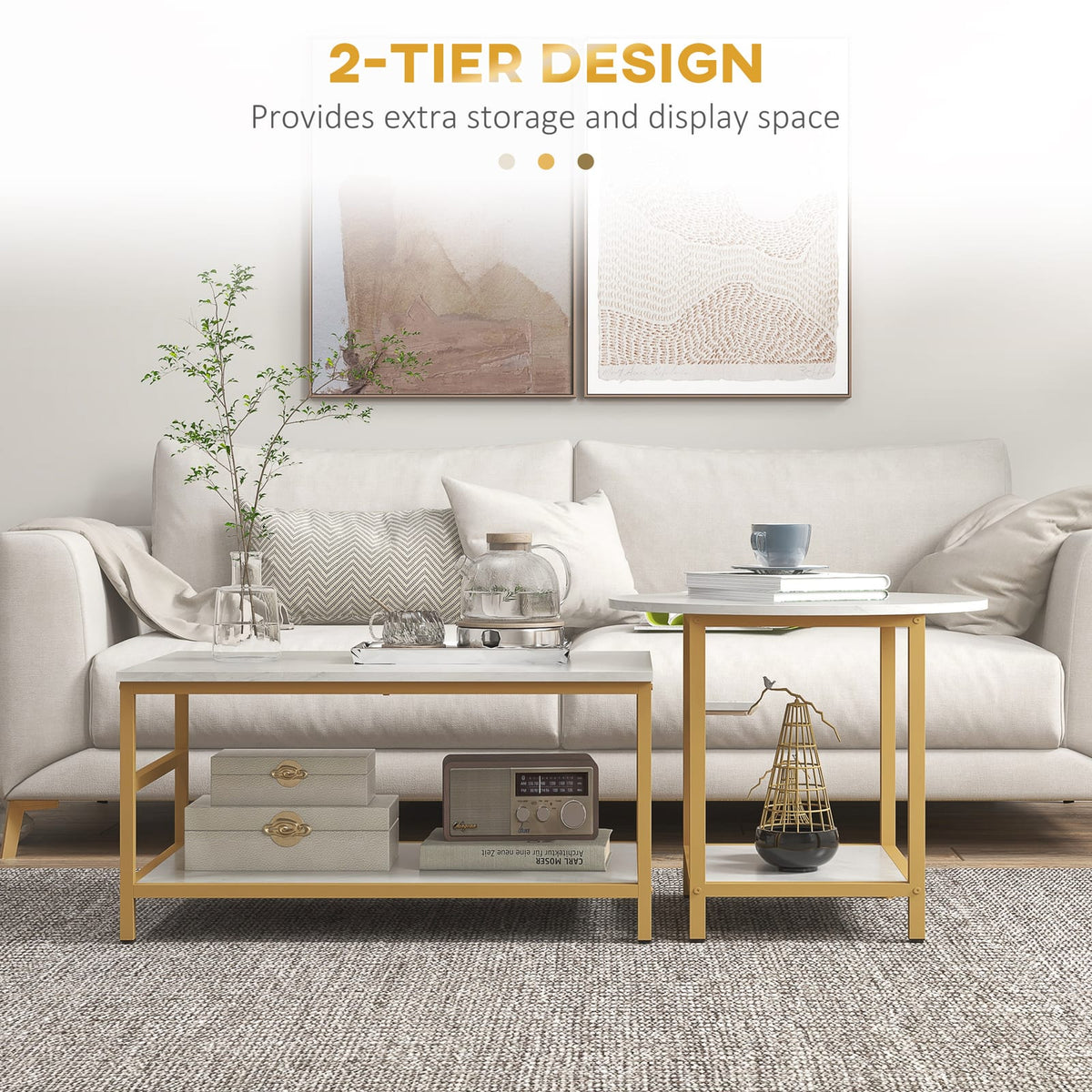 HOMCOM Coffee Tables Set of 2 - White MDF Storage Table