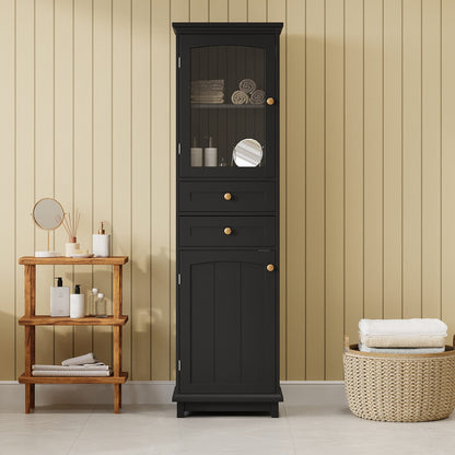 2-Drawer Bathroom Storage Cabinet with Glass Doors - Black