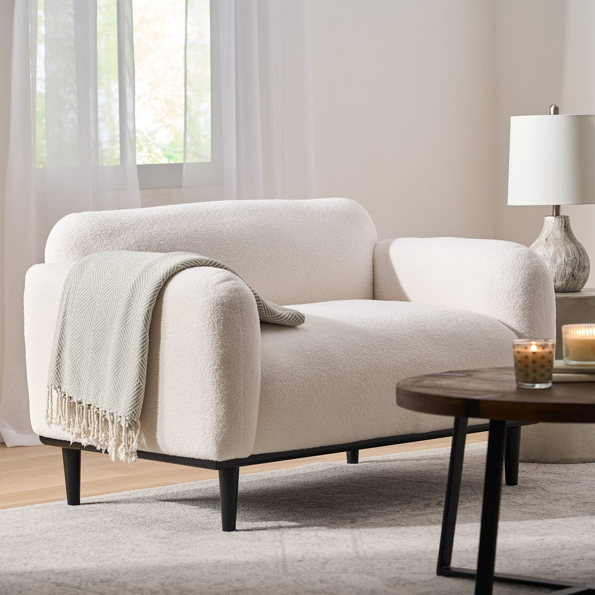 White Polyester Loveseat with Birch Wood Legs for Modern Living Room