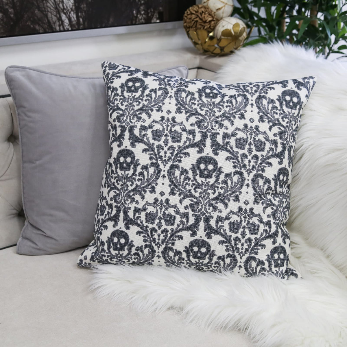 Baroque Skull Throw Pillow Gothic Gray & White Day of the Dead Accent Cushion