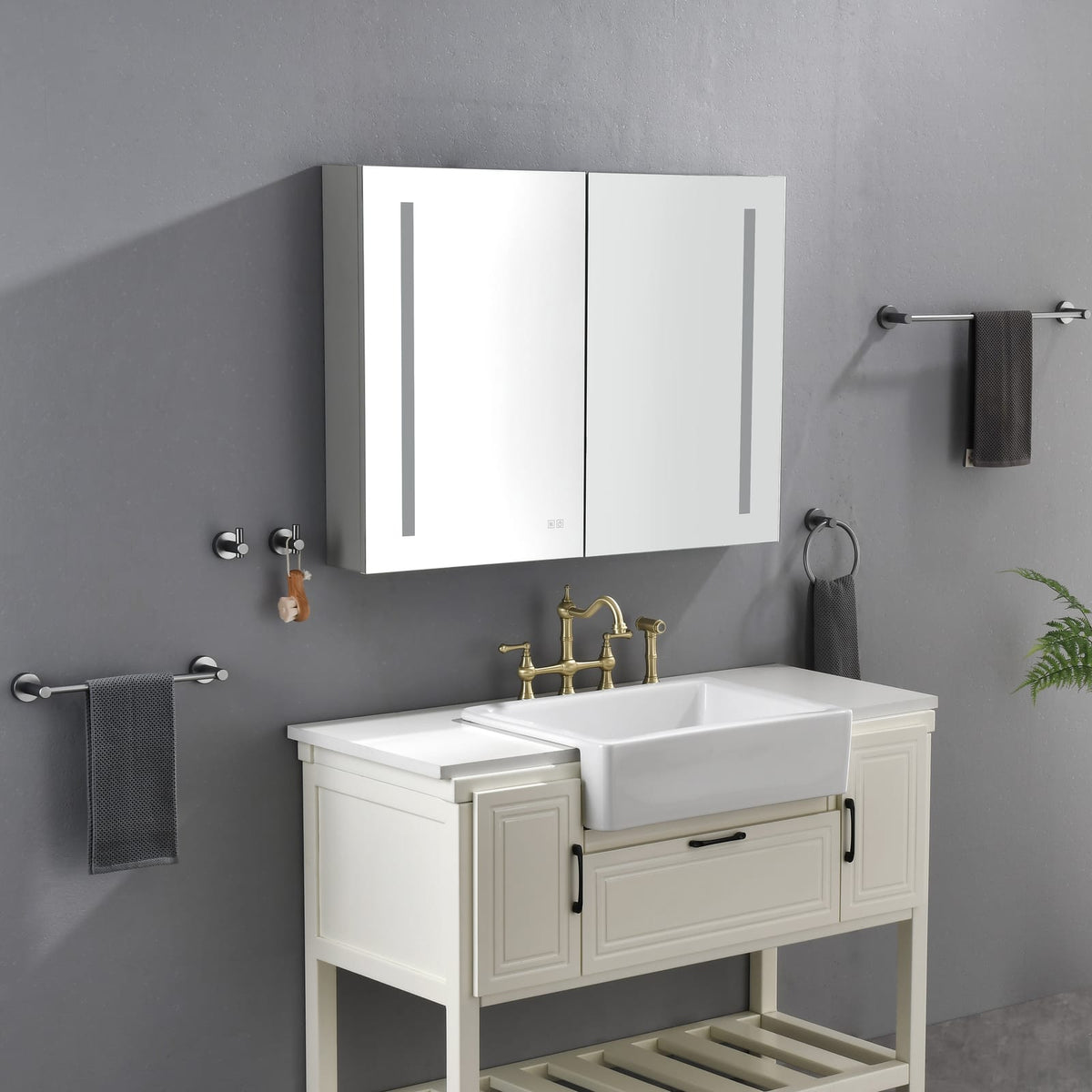 Metallic Grey LED Medicine Cabinet with Mirror for Bathroom Storage