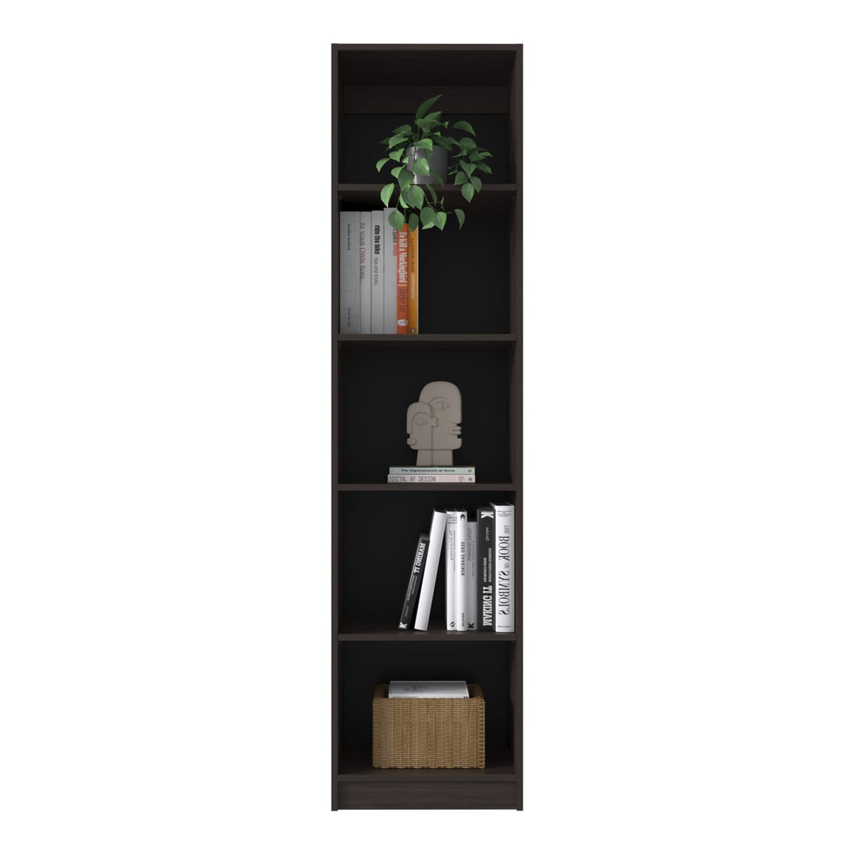 Walnut 5 Shelf Bookcase - Narrow Display Shelving for Living Room
