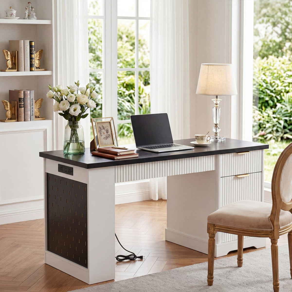 55" Modern Fluted Office Desk with Storage - White