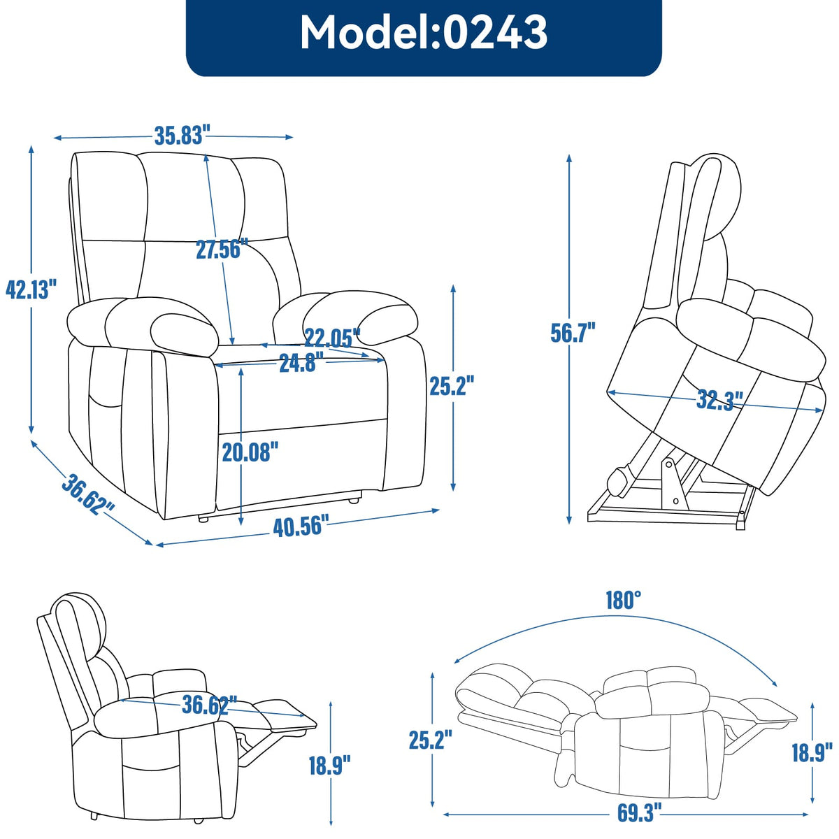Blue Heat Massage Recliner - Power Lift, 350 Lbs Capacity
