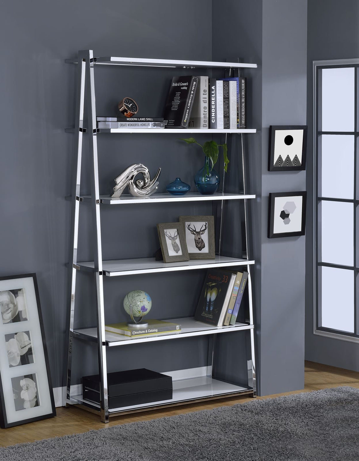 White High Gloss Bookshelf - 5 Tier Storage