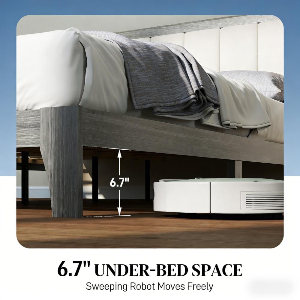 Queen Bed Frame Beige Gray Linen Look Headboard
