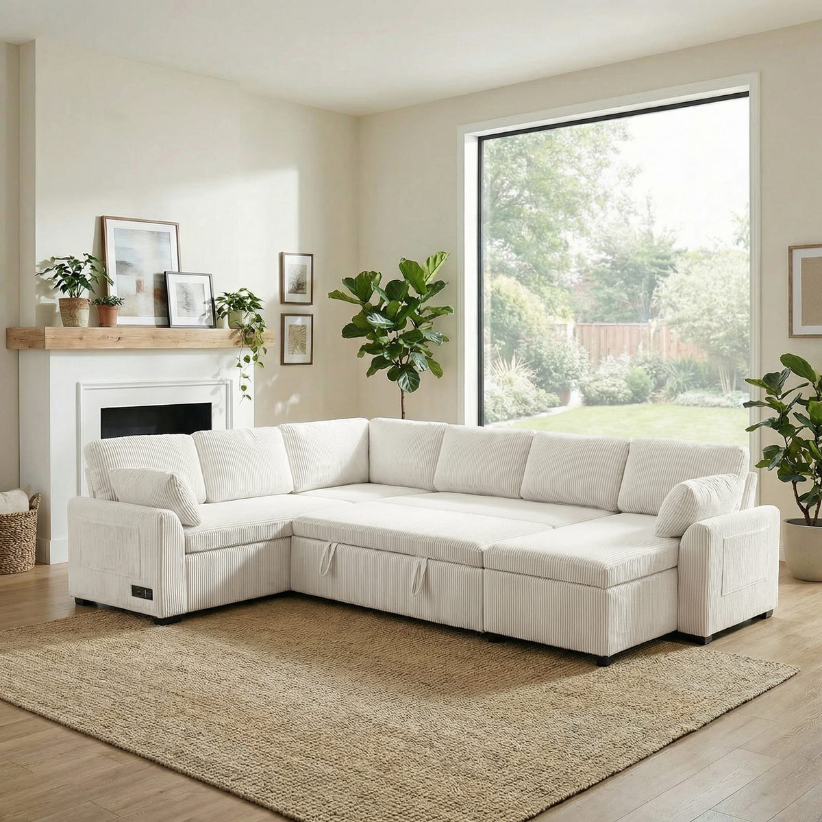 Convertible Sectional Sofa - 5 Seat Beige Corduroy for Living Room