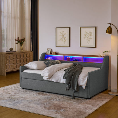 Grey Twin Sofa Bed with LED Lights, Trundle & Charging Storage for Living Room