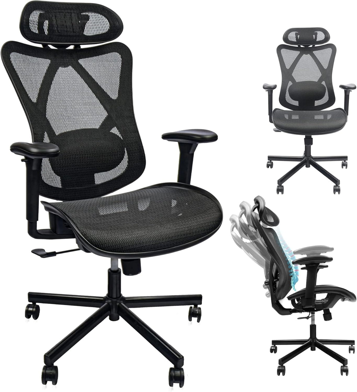 Black Mesh Office Chair with Adjustable Lumbar Support and Headrest