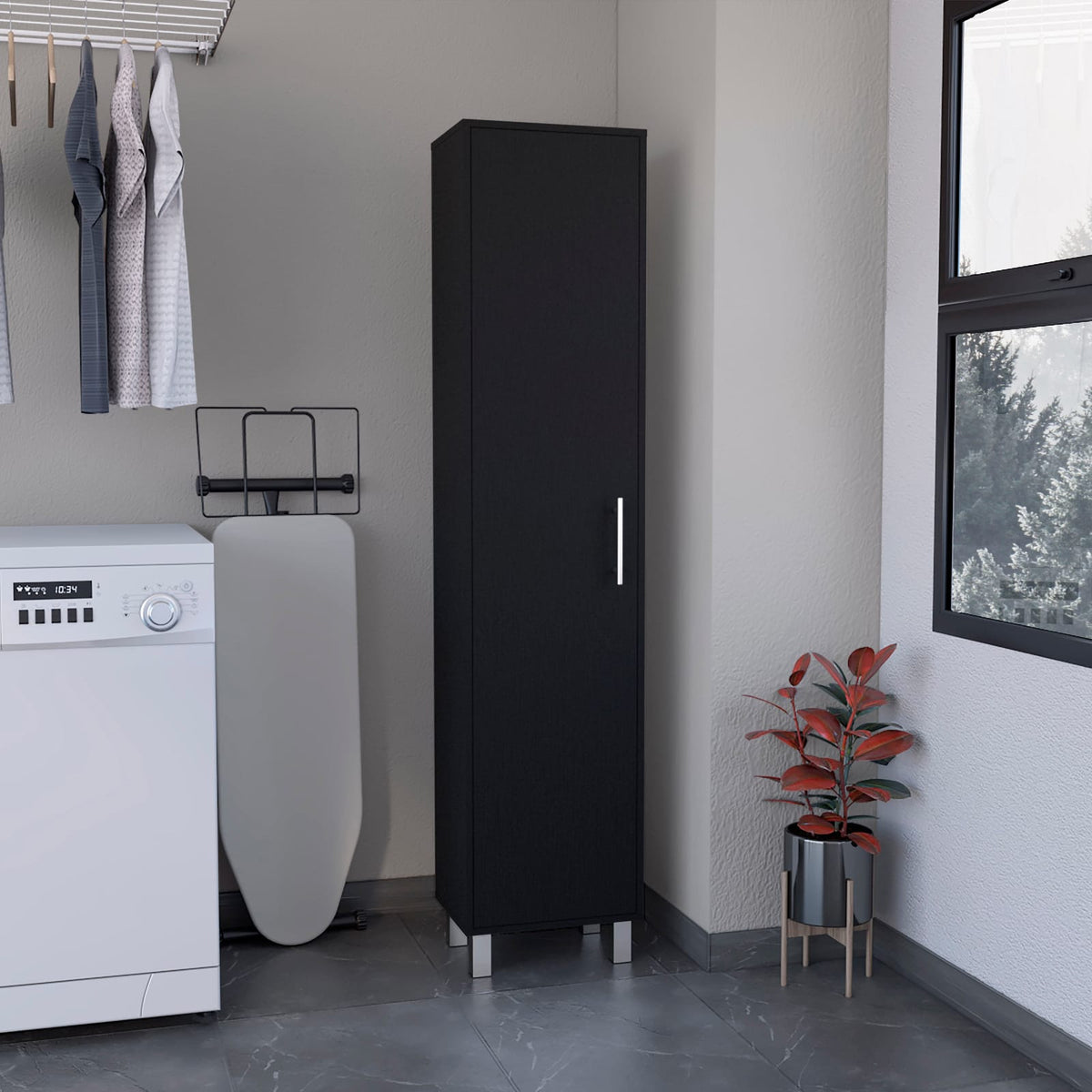 Black Tall Storage Cabinet - 71" with Broom Hangers for Dining Room