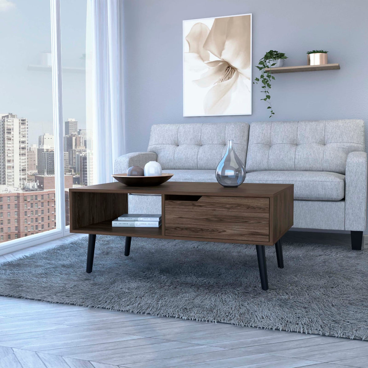 Walnut Coffee Table - Storage & Drawer