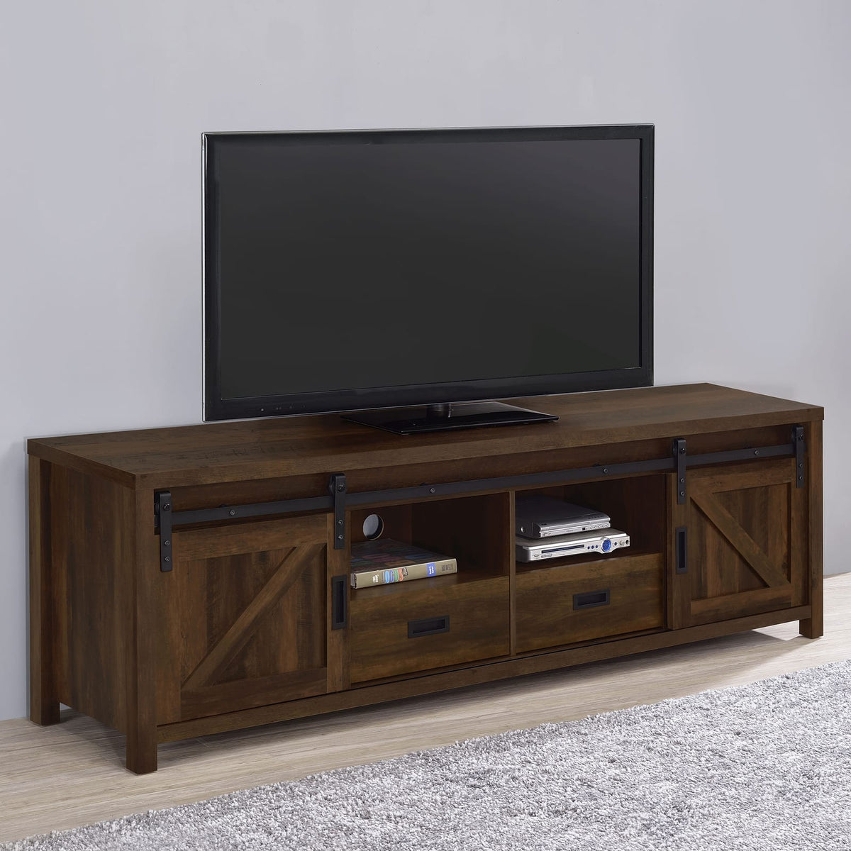70-79 Inch Brown Wood Metal TV Stand with 2 Doors