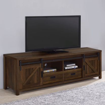 70-79 Inch Brown Wood Metal TV Stand with 2 Doors
