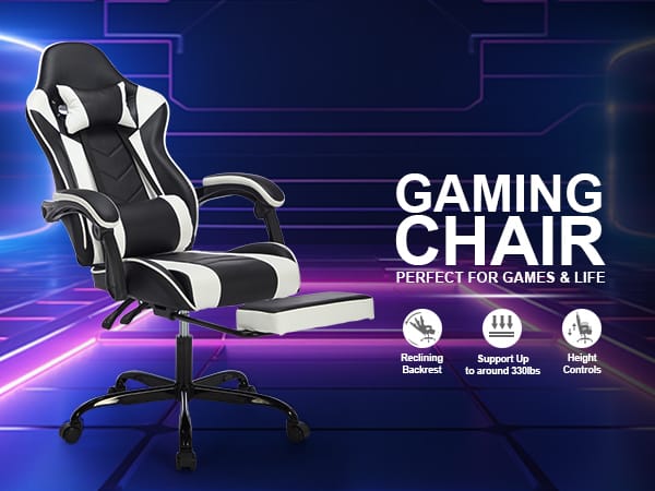 Ergonomic Leather Gaming Chair with Footrest - Black White