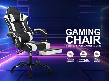 Ergonomic Leather Gaming Chair with Footrest - Black White