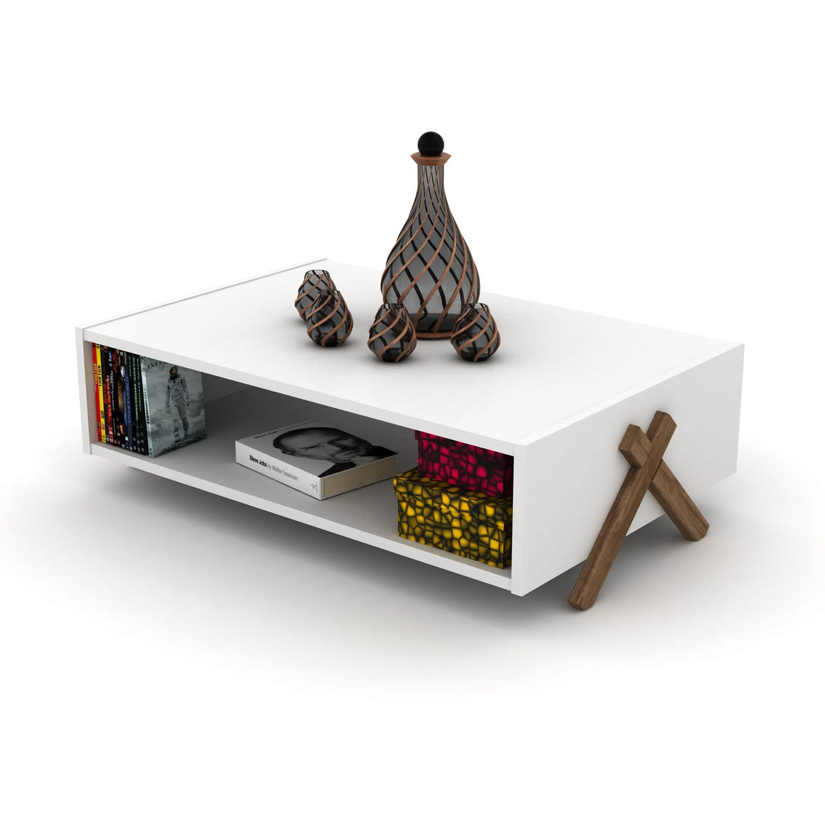 Walnut Wood Coffee Table with Shelves - 23" x 35"
