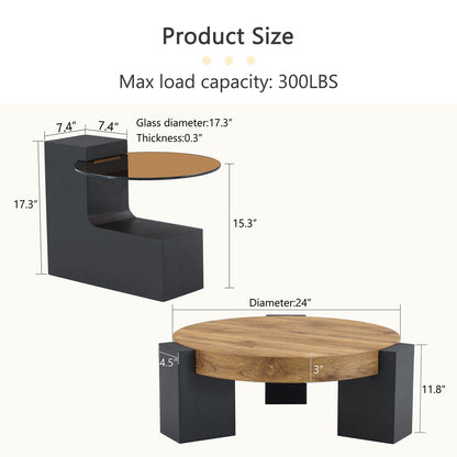 Black Wood Round Coffee Table - Double Layer Glass Top