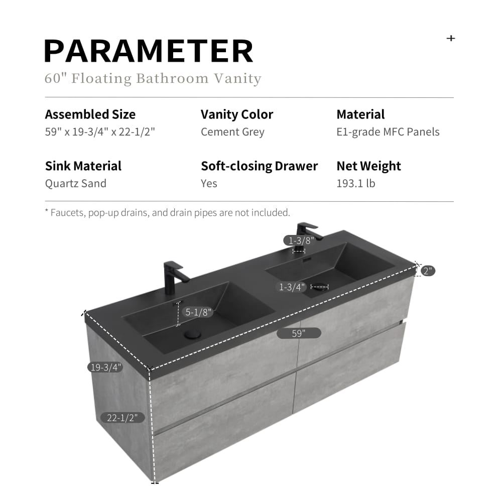 Grey Wood Wall Mounted Vanity with Sink - 60 inch Storage Cabinet for Bathroom