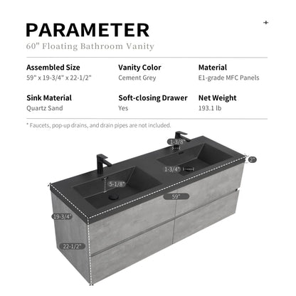 Grey Wood Wall Mounted Vanity with Sink - 60 inch Storage Cabinet for Bathroom