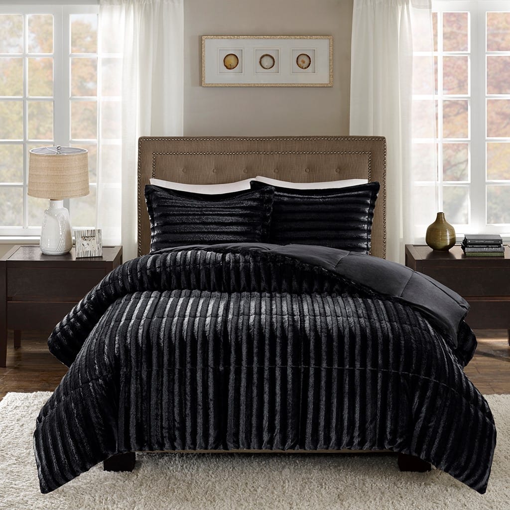King Faux Fur Comforter Set - Black Polyester