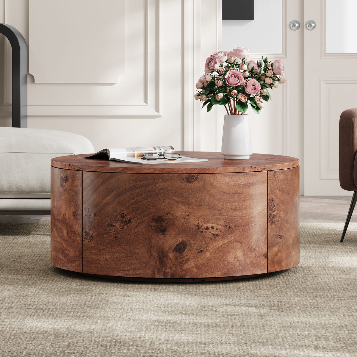 Walnut Burl Wood Rotating Coffee Table with Drawers for Living Room
