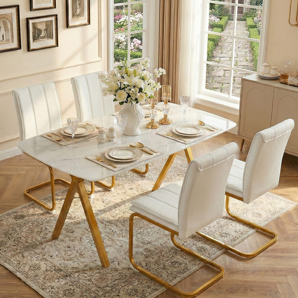Gold Glass Dining Table - Rectangular Tempered Glass Tabletop