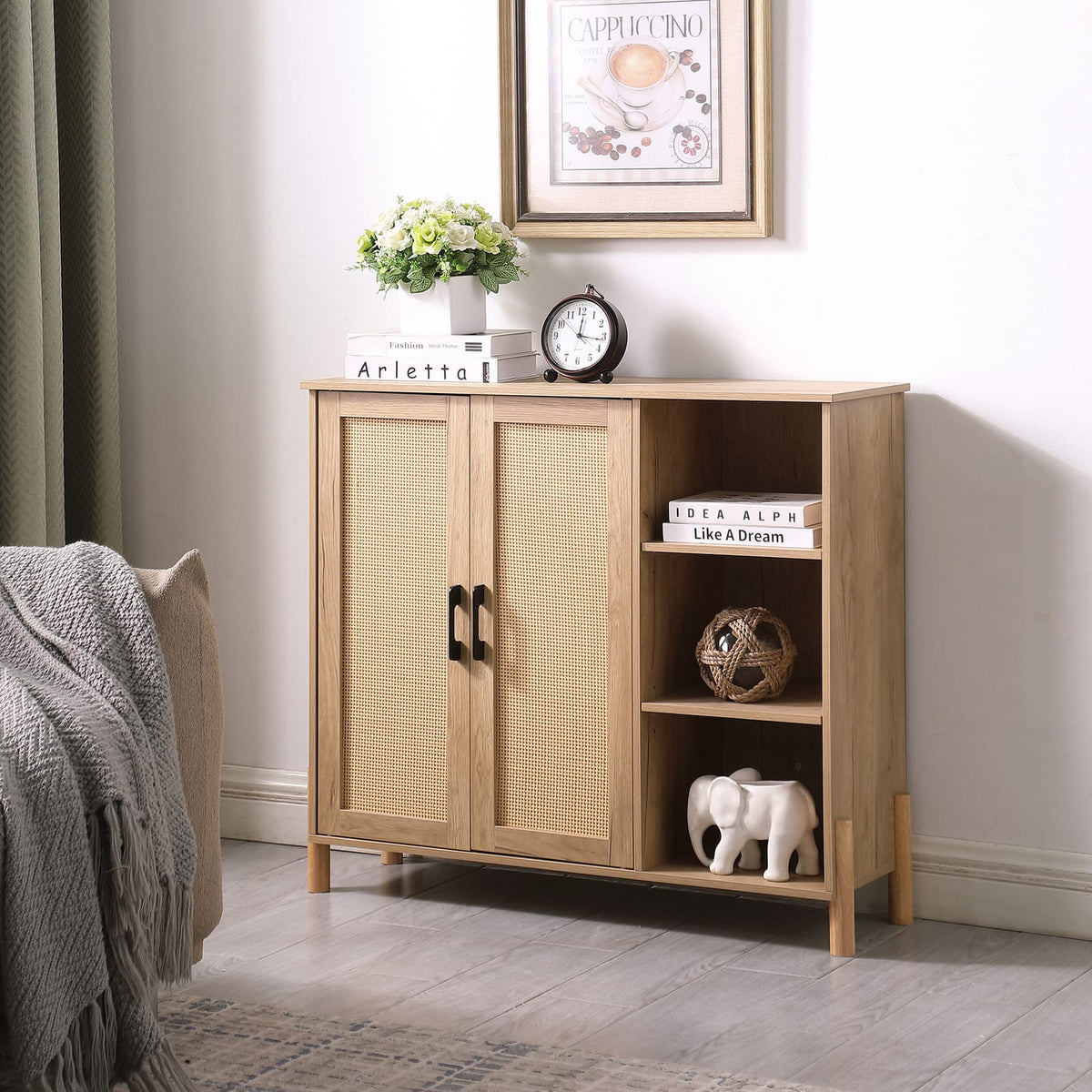 Mid-Century Storage Cabinet - Natural Rattan Doors & Adjustable Shelves