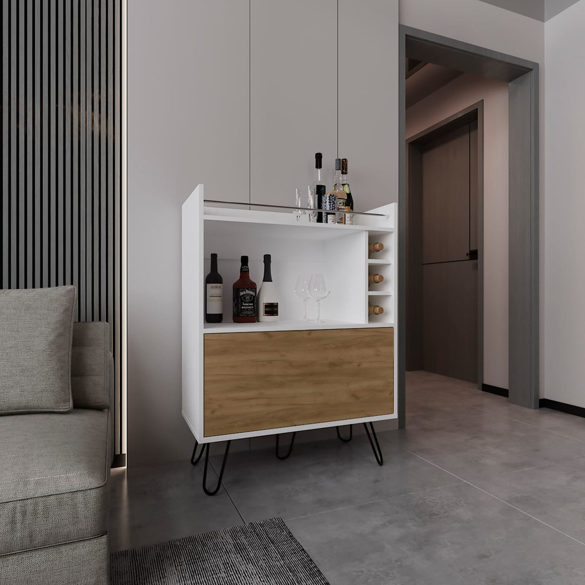 White Engineered Wood Bar Cabinet with 4 Shelves for Home Storage for Living Room