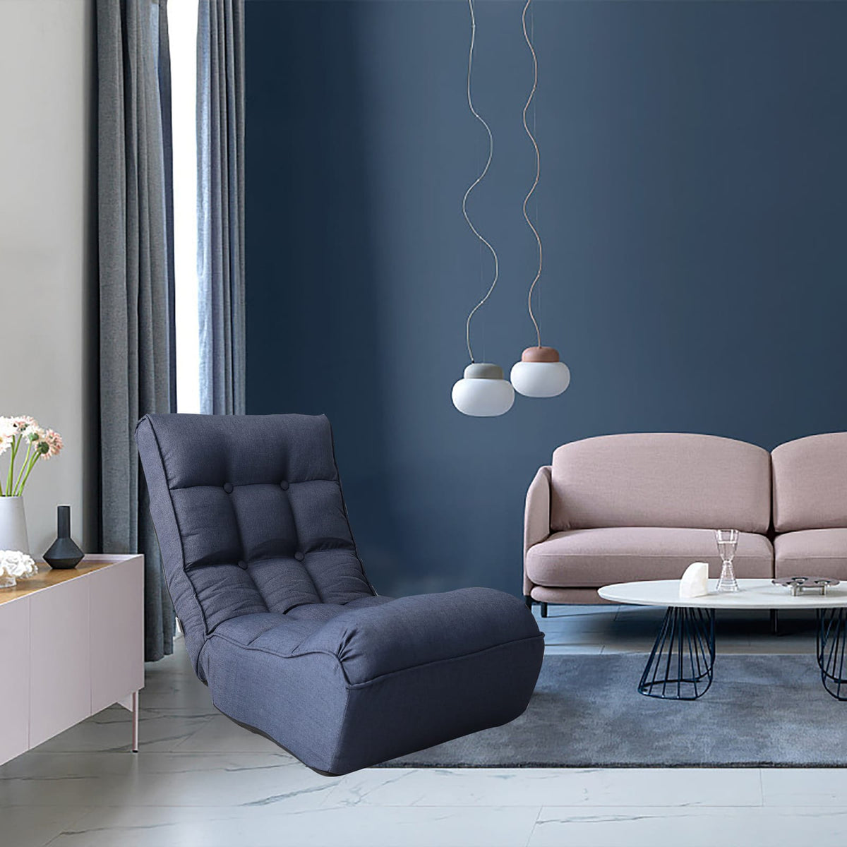 Navy Linen Metal Bean Bag Chair - Adjustable Reclining Sofa for Living Room