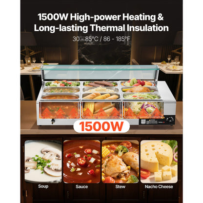 Commercial Food Warmer - 1500W Stainless Steel Buffet Steamers, 9 Pans