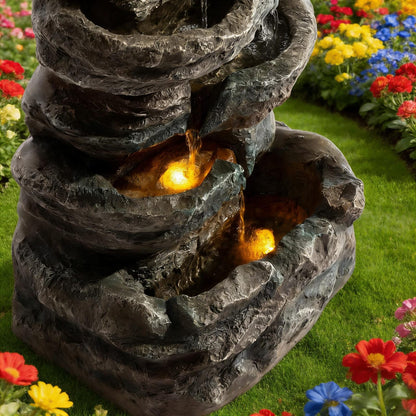 6-Tier Outdoor Stone Water Fountain - Gray Resin, LED Lights