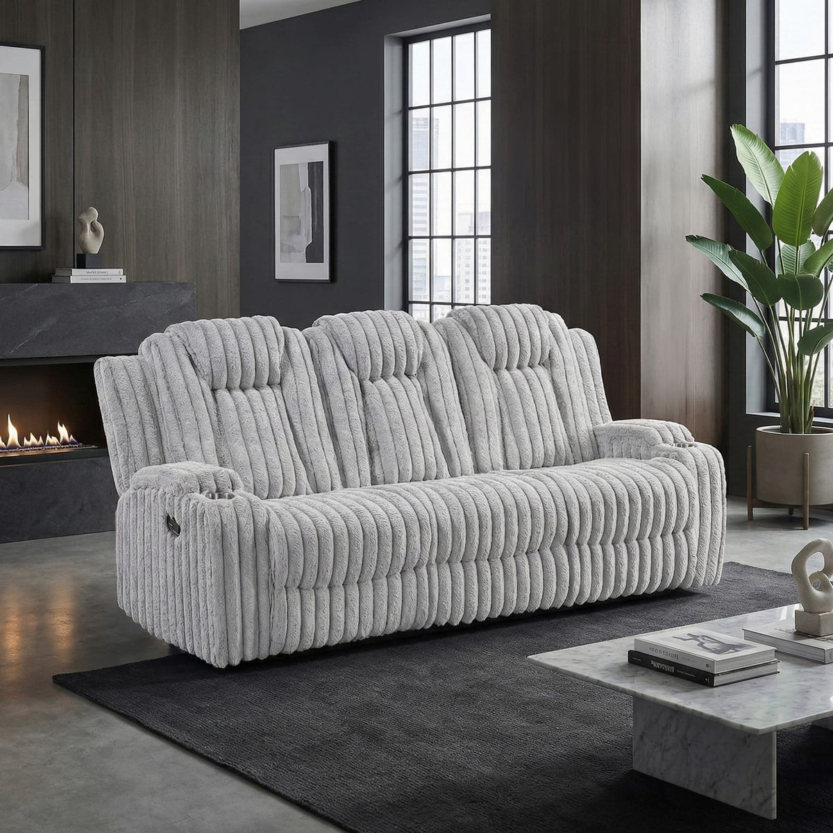 Light Gray Double Reclining Sofa - Corduroy Comfort & Storage