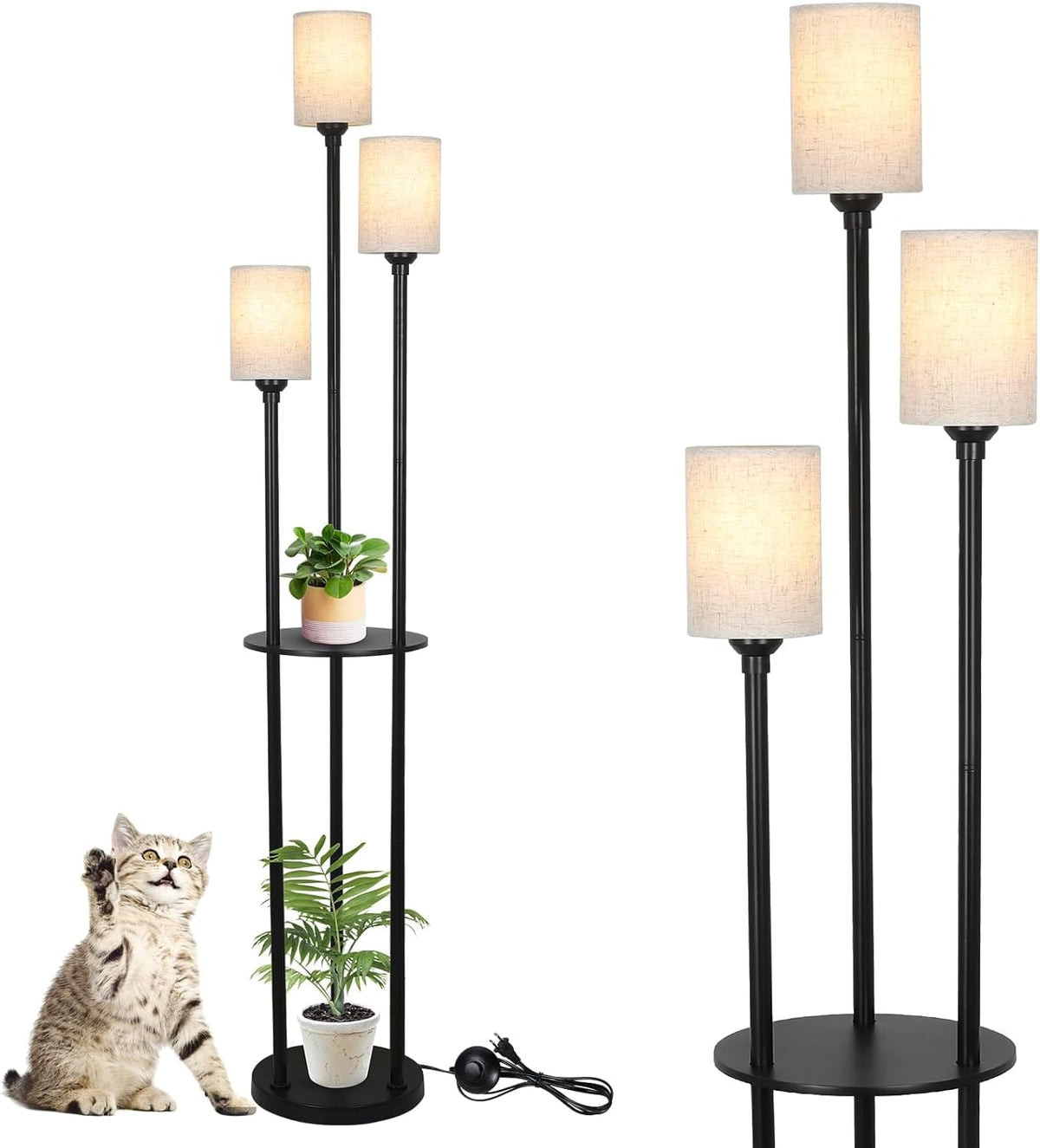 3-Light Rattan Metal Floor Lamp with Shelves - Brown Black Bedroom Lighting