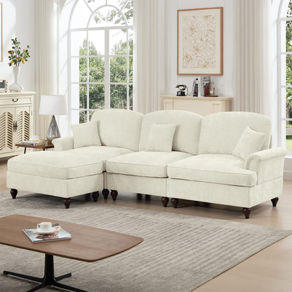 3 Seat Beige White Chenille Sectional Sofa with Removable Ruffles for Living Room