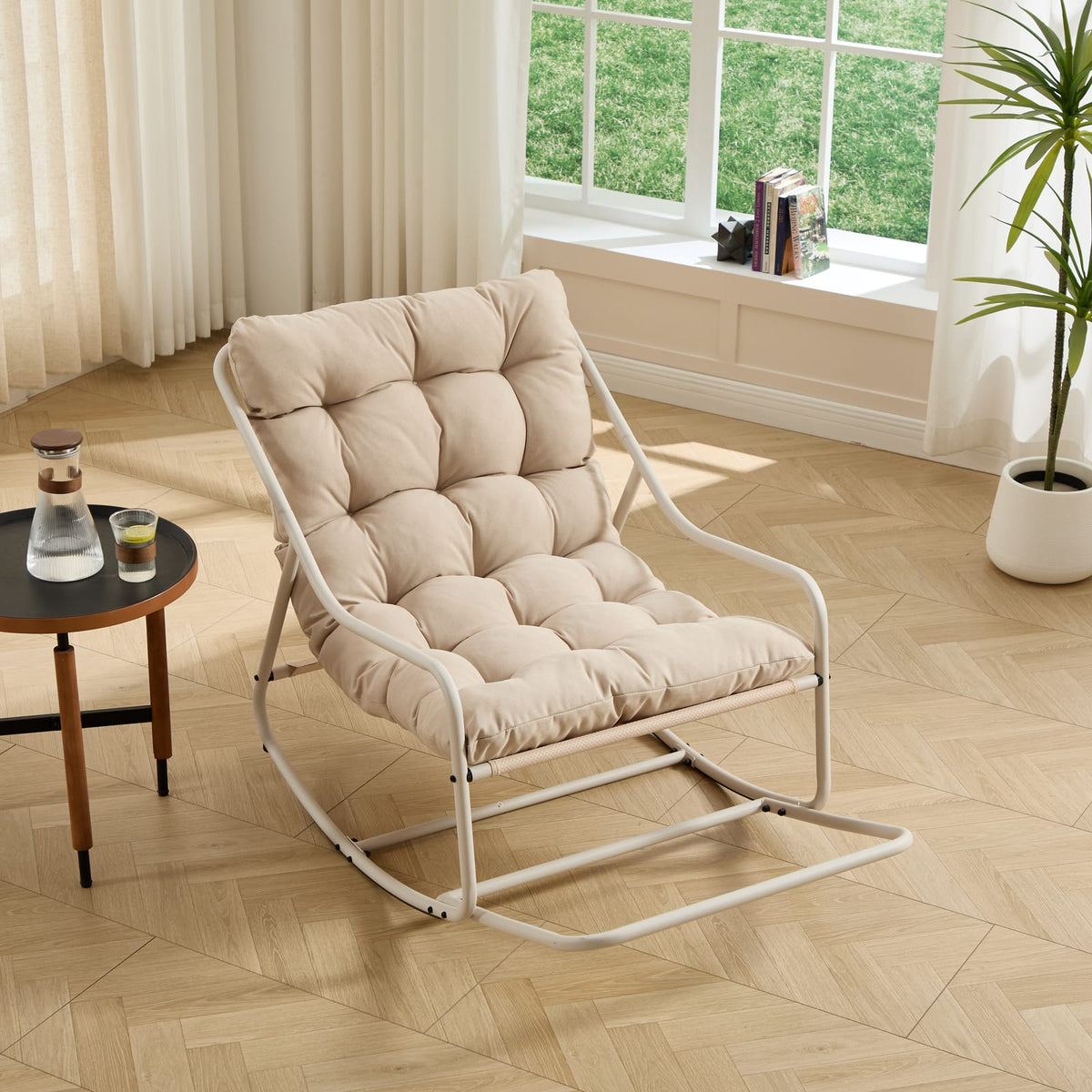 Beige Steel Outdoor Rocking Chair for Garden or Poolside Relaxation