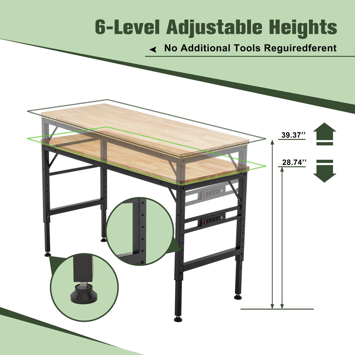 60" Adjustable Height Workbench with Power Outlets